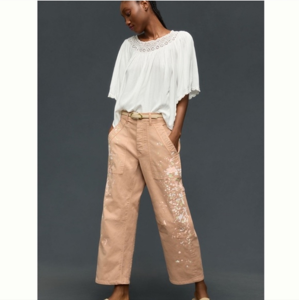 PILCRO‎ Millie Low Slung Barrel Utility Pants Women's 28 Tan Paint Splatter